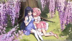 Rule 34 | 2girls, against tree, arm hug, assault lily, black hair, blue dress, blush, breasts, choker, cleavage, closed mouth, commentary request, day, detached sleeves, dress, falling petals, flower, frilled dress, frilled sleeves, frills, gloves, grass, hair between eyes, hair flower, hair ornament, hand up, heads together, high heels, highres, hitotsuyanagi riri, holding hands, knee up, kurousagi yuu, layered dress, light particles, light smile, long hair, looking at another, medium breasts, multiple girls, official alternate costume, official art, on grass, on ground, one side up, petals, pink choker, pink dress, pink flower, pink footwear, pink hair, puffy short sleeves, puffy sleeves, purple eyes, purple flower, rose, shirai yuyu, short hair, short sleeves, side-by-side, sidelocks, single thighhigh, sitting, sleeveless, sleeveless dress, strappy heels, thighhighs, translation request, tree, tree shade, very long hair, watermark, white flower, white gloves, white rose, white thighhighs, wisteria, yellow flower, yuri, zettai ryouiki