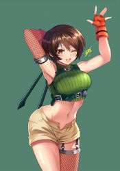Rule 34 | 1girl, arm behind head, arms up, asymmetrical gloves, blush, brown eyes, brown hair, brown shorts, cropped sweater, edboy, elbow gloves, final fantasy, final fantasy vii, final fantasy vii remake, fingerless gloves, fishnet gloves, fishnet thighhighs, fishnets, gloves, green sweater, highres, lips, looking at viewer, mismatched gloves, navel, one eye closed, open mouth, red gloves, ribbed sweater, short hair, shorts, single thighhigh, sleeveless, sleeveless sweater, smile, solo, square enix, sweater, thighhighs, yuffie kisaragi