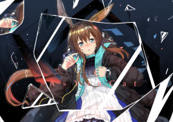 Rule 34 | 1girl, amiya (arknights), animal ears, arknights, artist name, as yinshimao, black jacket, blue eyes, brown hair, jacket, jewelry, long hair, long sleeves, looking at viewer, open mouth, ponytail, rabbit ears, rabbit girl, reflection, ring, shards, shirt, solo, upper body, white shirt