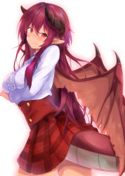 Rule 34 | 1girl, alternate hair length, blush, breasts, buttons, closed mouth, commentary request, cowboy shot, dragon girl, dragon horns, dragon tail, dragon wings, embarrassed, frilled shirt, frills, grea (shingeki no bahamut), hair between eyes, head tilt, highres, horns, kurai masaru, long hair, long sleeves, looking at viewer, looking back, manaria friends, medium breasts, miniskirt, nose blush, plaid, plaid skirt, pleated skirt, pointy ears, purple hair, red eyes, red skirt, scales, shingeki no bahamut, shirt, sidelocks, simple background, skirt, solo, standing, sweat, tail, underbust, white background, white shirt, wings