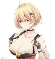 Rule 34 | 1girl, ahoge, bat hair ornament, black choker, black gloves, blonde hair, breasts, choker, cleavage, closed mouth, commentary request, fingerless gloves, gloves, hair between eyes, hair ornament, hololive, kichihachi, large breasts, looking at viewer, short hair, smile, solo, twitter username, upper body, virtual youtuber, yellow eyes, yozora mel, yozora mel (2nd costume)
