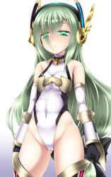 Rule 34 | 1girl, bare shoulders, black gloves, collar, detached sleeves, emil chronicle online, gloves, green eyes, green hair, hair ornament, hairband, highres, leotard, lock, looking at viewer, matching hair/eyes, shimo (depthbomb), solo, thighhighs