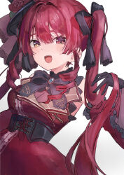 Rule 34 | 1girl, charlotte11037, detached sleeves, dress, hololive, houshou marine, open mouth, red eyes, red hair, solo, twintails, yellow eyes