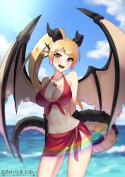 Rule 34 | 1girl, :d, absurdres, artist name, bikini, black bikini, blonde hair, blue sky, breasts, cleavage, cloud, commission, cowfee, day, dragon girl, dragon tail, dragon wings, fang, fins, head fins, highres, horns, jewelry, large breasts, lens flare, long hair, looking at viewer, monster girl, navel, open mouth, outdoors, pendant, ponytail, red bikini, red sarong, sarong, sky, slit pupils, smile, solo, swimsuit, tail, water, wings, yellow eyes