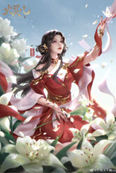 Rule 34 | 1girl, absurdres, arm up, artist request, bare shoulders, blue sky, bracelet, bug, butterfly, detached collar, double bun, dress, falling petals, flower, hair bun, hair ornament, highres, huo linger (wanmei shijie), insect, jewelry, long hair, looking up, parted lips, petals, purple eyes, red dress, second-party source, short sleeves, sky, solo, teeth, wanmei shijie, white flower