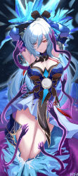 Rule 34 | 1girl, absurdres, armpits, arms up, bare shoulders, black gloves, blue dress, blue sleeves, breasts, chinese clothes, closed mouth, commentary request, detached sleeves, dress, feifu, ghost hands, gloves, hair between eyes, high ponytail, highres, honkai: star rail, honkai (series), ice shard, incredibly absurdres, jingliu (honkai: star rail), long hair, medium breasts, red eyes, restrained, solo, thighs, very long hair, white hair