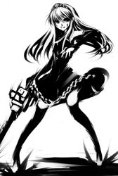 Rule 34 | 00s, 1girl, chainsaw, full body, greyscale, high contrast, hime (kaibutsu oujo), kaibutsu oujo, legs apart, mohomen, monochrome, solo, standing, thighhighs