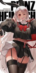 Rule 34 | 1girl, azur lane, blush, bow, breasts, dishwasher1910, garter straps, hair bow, hair ornament, hairclip, highres, long hair, looking at viewer, midriff, mole, mole under eye, no panties, one eye closed, prinz heinrich (azur lane), red bag, red bow, red eyes, school uniform, skirt, solo, thighhighs, underboob, white hair