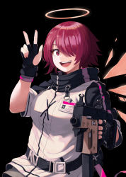 Rule 34 | 1girl, arknights, bad id, bad pixiv id, belt, black background, black gloves, breasts, energy wings, exusiai (arknights), fingerless gloves, gloves, gun, hair over one eye, halo, highres, id card, jacket, kriss vector, open mouth, red hair, salute, short hair, simple background, smile, solo, submachine gun, tampaman, user tfgm4724, weapon, white jacket