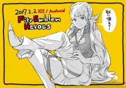 Rule 34 | 1girl, braid, copyright name, fire emblem, fire emblem heroes, greyscale, greyscale with colored background, kozaki yuusuke, leg up, long hair, monochrome, nintendo, official art, sharena (fire emblem), shorts, simple background, sitting, smile, solo, yellow background