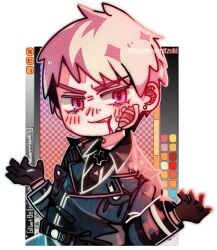 Rule 34 | 1boy, axis powers hetalia, bandages, beaten, belt, blood, blood from mouth, chibi, evil grin, evil smile, gloves, grin, maewenmitzuki, male focus, military, military uniform, prussia (hetalia), prussian flag, purple eyes, red eyes, smile, teeth, uniform, upper teeth only, white hair