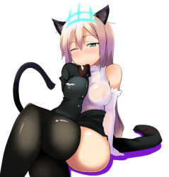 Rule 34 | 1girl, :&lt;, animal ears, arm support, atahuta, bad id, bad pixiv id, black thighhighs, blonde hair, blush, cat ears, cat tail, crossed legs, elbow gloves, gloves, green eyes, heinrike prinzessin zu sayn-wittgenstein, hirschgeweih antennas, long hair, looking at viewer, military, military uniform, noble witches, off shoulder, one eye closed, see-through, simple background, sitting, solo, strike witches, tail, thighhighs, undressing, uniform, white background, wink, world witches series