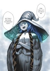 Rule 34 | absurdres, blue eyes, blue hair, blue skin, cloak, colored skin, cracked skin, crossed arms, doll, dress, elden ring, extra arms, fur cloak, hat, highres, ranni the witch, tsundere, vertutame, white dress, witch hat