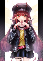 Rule 34 | 1girl, arknights, belt, black jacket, black nails, black ribbon, black skirt, blouse, collarbone, cowboy shot, demon girl, demon horns, demon tail, fingers to mouth, fingers together, fishnet top, hair ribbon, hands up, hat, hemorina, highres, horns, horns through headwear, jacket, long hair, looking at viewer, low-tied long hair, low twintails, nail polish, open clothes, open jacket, pointy ears, red belt, red eyes, red hair, ribbon, shirt, skirt, solo, straight-on, tail, thigh strap, twintails, v-shaped eyebrows, very long hair, vigna (arknights), x fingers, yellow shirt