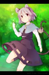 Rule 34 | 10s, 1girl, 2015, akagashi hagane, animal, animal ears, basket, black skirt, capelet, dated, grey hair, letterboxed, long sleeves, looking away, looking to the side, mouse (animal), mouse ears, mouse tail, nazrin, red eyes, short hair, skirt, solo, tail, touhou