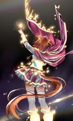 Rule 34 | 1girl, animal ears, arm up, boots, cape, clothing cutout, corset, crown, feet out of frame, floating cape, from behind, glowing, highres, horse ears, horse girl, horse tail, long sleeves, mini crown, orange hair, outstretched arm, qing (sankakuosushi), shirt, short hair, skirt, solo, standing, t.m. opera o (umamusume), tail, tail through clothes, thighhighs, twitter username, umamusume, white shirt, white thighhighs