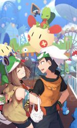 1girl 2boys absurdres amusement_park azurill bag balloon bandana beanie blue_sky brendan_(pokemon) brown_hair chimecho creatures_(company) ferris_wheel fingerless_gloves gallade game_freak gen_3_pokemon gen_4_pokemon gloves green_bandana green_hair hand_on_own_hip hat highres holding holding_balloon hood hoodie legendary_pokemon locked_arms looking_at_another lunatone may_(pokemon) minun mudkip multiple_boys nintendo orange_hoodie outdoors plusle pokemon pokemon_(creature) pokemon_emerald pokemon_rse rameco regice shopping_bag sky smile snorunt solrock string_of_flags torchic treecko wailord wally_(pokemon)