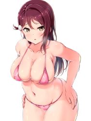 Rule 34 | 1girl, absurdres, bikini, breasts, brown hair, cleavage, collarbone, covered erect nipples, cowboy shot, curvy, hair ornament, hands on own hips, highres, large breasts, long hair, looking at viewer, love live!, love live! school idol project, love live! sunshine!!, micro bikini, navel, open mouth, pink bikini, sakurauchi riko, shinonon (iso shino), shiny skin, simple background, solo, swimsuit, white background, wide hips, yellow eyes