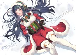 Rule 34 | 1girl, ;d, boots, box, breasts, feet out of frame, fur-trimmed shorts, fur trim, gift, gift box, green hair, highres, idolmaster, idolmaster million live!, juliet sleeves, kitakami reika, large breasts, long hair, long sleeves, looking at viewer, lying, merry christmas, nys, on back, one eye closed, open mouth, puffy sleeves, santa costume, shorts, smile, snow, solo, straight hair, thigh boots, thighhighs
