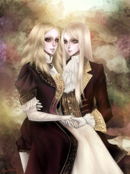 Rule 34 | 2girls, amy winterbreeze, claymore (series), dress, elbow gloves, eyeliner, galatea, gloves, grey eyes, holding hands, long hair, makeup, miria, multiple girls, pale skin, sitting, sitting on lap, sitting on person, smile, uniform, white gloves, yuri