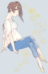 Rule 34 | 10s, 1girl, alternate costume, bad id, bad twitter id, belt, brown hair, casual, crossed legs, dated, denim, from side, grey background, highres, invisible chair, jeans, kaga (kancolle), kantai collection, looking at viewer, multicolored eyes, pants, saki hajime, side ponytail, signature, sitting, solo, twitter username, wedge heels