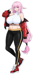 Rule 34 | 1girl, bare shoulders, breasts, collarbone, covered collarbone, eyeshadow, genshin impact, hair between eyes, hella p, highres, jacket, large breasts, long hair, makeup, navel, open clothes, open jacket, open mouth, pink hair, purple eyes, red eyeshadow, red footwear, red jacket, shoes, simple background, skindentation, sleeves past wrists, sneakers, solo, standing, standing on one leg, thighs, very long hair, white background, yae miko