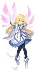 Rule 34 | 1girl, blonde hair, blue eyes, colette brunel, dress, energy wings, floating, gloves, highres, kanyoko (yuzukano 17), long hair, open mouth, own hands together, pantyhose, pink wings, smile, solo, tales of (series), tales of symphonia, white background, white dress, white footwear, white gloves, wings