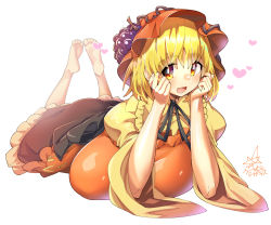 Rule 34 | 1girl, :d, aki minoriko, apron, barefoot, black skirt, blonde hair, breasts, commentary, food, fruit, full body, grapes, hands on own face, heart, highres, juliet sleeves, large breasts, legs up, long sleeves, looking at viewer, lying, on stomach, open mouth, orange apron, orange headwear, puffy sleeves, shirt, short hair, signature, simple background, skirt, smile, solo, symbol-only commentary, the pose, touhou, umigarasu (kitsune1963), white background, yellow eyes, yellow shirt