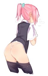 Rule 34 | 10s, 1girl, ass, bike shorts, bike shorts pull, blush, cropped legs, from behind, hair ornament, hidden face, kantai collection, kojiki-life, leaning forward, no pants, pink hair, ponytail, shiranui (kancolle), simple background, sketch, skirt, unworn skirt, solo, thong, v-string, vest, white background