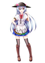 Rule 34 | 1girl, black thighhighs, blue hair, boots, brown footwear, cross-laced footwear, food, fruit, full body, tucking hair, hat, highres, hinanawi tenshi, knee boots, lace-up boots, open mouth, peach, pigeon-toed, reimei (r758120518), solo, straight-on, tachi-e, thighhighs, touhou, transparent background, zettai ryouiki
