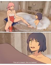 Rule 34 | 2girls, bathroom, bathtub, bikini, breasts, commentary, english commentary, english text, eyebrows hidden by hair, genshin impact, highres, i&#039;m not at the beach this is a bathtub (meme), kujou sara, legs, lifeguard, looking at another, meme, multiple girls, one eye closed, parted lips, photo background, pink hair, short hair, sitting, swimsuit, teeth, teires (teir3s), upper teeth only, yae miko, yellow eyes, yuri