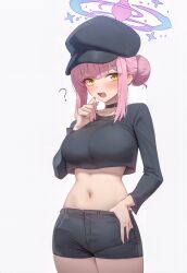 Rule 34 | ?, absurdres, ai-generated, blue archive, breasts, choker, crop top, denim, denim shorts, hair bun, halo, hat, highres, huludan50430 (aigc), long sleeves, mika (blue archive), nail polish, navel, pink hair, pink nails, shorts, simple background, white background, yellow eyes