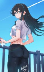 alternate_costume amadori_wano ass black_hair black_pants blue_eyes blue_hairband blue_sky bottle contrail cowboy_shot denim hairband highres jeans kantai_collection looking_at_viewer looking_back midriff ooyodo_(kancolle) pants railing shirt signature sky white_shirt