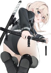 Rule 34 | 1girl, absurdres, ass, binoculars, blonde hair, blue eyes, blush, buruma, commentary request, dleung, hair ornament, hairclip, highres, holding, holding sword, holding weapon, katana, kneeling, looking back, medium hair, on ground, open mouth, original, ponytail, sheath, sheathed, shoes, socks, solo, sword, weapon, white background