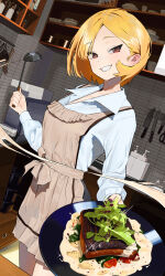 Rule 34 | 1girl, apron, blonde hair, blue shirt, brown apron, brown eyes, collared shirt, food, highres, holding, holding ladder, indoors, kitchen, long sleeves, looking at viewer, original, parted bangs, sekoshi (some1else45), shirt, short hair, smile, solo, some1else45