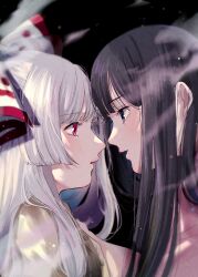 Rule 34 | 2girls, absurdres, black hair, blunt bangs, bow, commentary request, commission, eye contact, face-to-face, fujiwara no mokou, grey shirt, hair bow, highres, houraisan kaguya, long hair, looking at another, mokoiscat, multiple girls, open mouth, pink eyes, pink shirt, pixiv commission, purple eyes, red bow, shirt, touhou, upper body, white bow, white hair