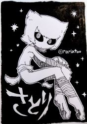 Rule 34 | 1girl, absurdres, animal ears, bandages, bandaged arm, bandaged leg, bandages, barefoot, black background, character name, fingernails, from side, greyscale, highres, ink (medium), inktober, invisible chair, looking at viewer, monochrome, nude, original, prehensile toes, rariatto (ganguri), ringed eyes, satori (youkai), sitting, solo, tail, traditional media, twitter username, traditional youkai