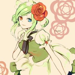 Rule 34 | 1girl, apron, bad id, bad pixiv id, creatures (company), dress, flower, game freak, gen 3 pokemon, green hair, grin, hand on another&#039;s chest, hand on own chest, heterochromia, maid, maid apron, maid headdress, neck ribbon, nintendo, personification, pokemon, red flower, red rose, ribbon, rose, roselia (pokemon), short hair, smile, solo, yukiguni samui
