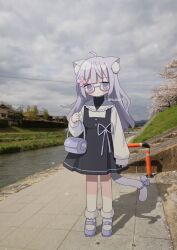 Rule 34 | 1girl, ahoge, animal ear fluff, animal ears, bag, black dress, black shirt, blue footwear, cat ears, cat girl, cat tail, closed mouth, cloud, cloudy sky, commentary, dress, flower, glasses, grey-framed eyewear, grey eyes, grey hair, hair flower, hair ornament, handbag, highres, long hair, long sleeves, nakkar, original, outdoors, photo background, pinafore dress, pink flower, pleated dress, puffy long sleeves, puffy sleeves, river, semi-rimless eyewear, shirt, shoes, sky, sleeveless, sleeveless dress, sleeves past wrists, socks, solo, standing, symbol-only commentary, tail, tree, twitter username, under-rim eyewear, undershirt, water, white shirt, white socks