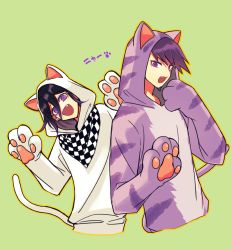 Rule 34 | 2boys, :d, animal costume, animal ears, animal hands, arms up, black hair, cat costume, cat ears, cat paws, cat tail, checkered clothes, checkered scarf, commentary request, cropped torso, danganronpa (series), danganronpa v3: killing harmony, fake animal ears, fake tail, fang, green background, hair between eyes, hand up, hood, hoodie, looking at viewer, male focus, momota kaito, multiple boys, nagi to (kennkenn), oma kokichi, open mouth, purple eyes, purple hair, scarf, simple background, smile, tail, translation request, white hoodie