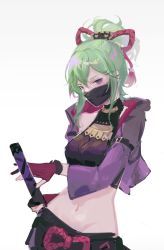 Rule 34 | 1girl, breasts, fingerless gloves, genshin impact, gloves, green hair, hair between eyes, highres, holding, holding sword, holding weapon, japanese clothes, katana, kuki shinobu, lankie, looking at viewer, mask, oni mask, ponytail, purple eyes, short hair, simple background, solo, stomach, sword, weapon, white background