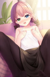 Rule 34 | 1girl, black bow, black pantyhose, black skirt, blue eyes, blush, bow, collarbone, commentary request, cornet mariveninne, couch, covering privates, covering breasts, curtains, day, fang, feet, green eyes, hair between eyes, hair bow, hands on own chest, heterochromia, indoors, komone ushio, looking at viewer, low twintails, no shoes, open pajamas, original, pajamas, pantyhose, pink hair, plant, potted plant, revision, shirt, short hair, sitting, skirt, solo, toes, twintails, white shirt, window