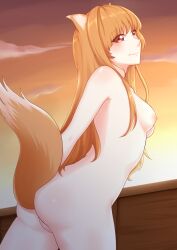 Rule 34 | 1girl, absurdres, animal ears, breasts, brown hair, cleft of venus, completely nude, highres, holo, lewdlux, long hair, medium breasts, nipples, nude, red eyes, solo, spice and wolf, tail, wolf ears, wolf girl, wolf tail