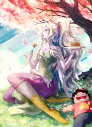 Rule 34 | 1boy, 1girl, bare shoulders, blue sky, boots, cartoon network, cherry blossoms, colored skin, cream, extra arms, flafly, food, fusion, gem, grass, grey skin, leggings, long hair, lying, monster girl, opal (steven universe), pancake, petals, ponytail, sky, steven quartz universe, steven universe, steven quartz universe, tree, very long hair, white hair, yellow footwear