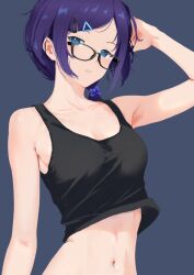 Rule 34 | 1girl, a-chan (hololive), alternate costume, alternate hairstyle, arm up, armpits, black-framed eyewear, black background, black tank top, blue eyes, blue hair, blush, breasts, cleavage, cohi27151463, commentary, cowboy shot, expressionless, glasses, hair ornament, hairclip, hololive, linea alba, looking at viewer, looking over eyewear, medium breasts, medium hair, navel, parted bangs, parted lips, ponytail, simple background, solo, stomach, tank top, virtual youtuber