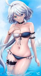 Rule 34 | 1girl, absurdres, ahoge, bandeau, bare shoulders, bikini, black choker, blue eyes, blue sky, bracelet, caiman pool, choker, cloud, collarbone, commentary, day, furina (genshin impact), genshin impact, highres, jewelry, looking at viewer, navel, no headwear, short hair, sky, smile, solo, stomach, strapless, strapless bikini, swimsuit, thighs, wading, water, white hair