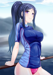 Rule 34 | 10s, 1girl, blue hair, competition swimsuit, covered erect nipples, hassen (8cm), long hair, love live!, love live! school idol festival, love live! sunshine!!, matsuura kanan, one-piece swimsuit, ponytail, purple eyes, railing, shirt, solo, standing, swimsuit, swimsuit under clothes, t-shirt