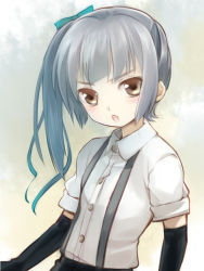 Rule 34 | 10s, 1girl, arm warmers, brown eyes, dress shirt, grey hair, hair ribbon, kantai collection, kasumi (kancolle), long hair, open mouth, primary stage, ribbon, school uniform, shirt, short sleeves, side ponytail, solo