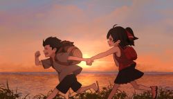Rule 34 | 1boy, 1girl, ahoge, backpack, bag, black hair, brother and sister, dishwasher1910, closed eyes, fang, fang out, grass, hair ribbon, holding hands, hat, lake, qrow branwen, raven branwen, red eyes, ribbon, running, rwby, shirt, shoes, shorts, siblings, skirt, slippers, straw hat, aged down