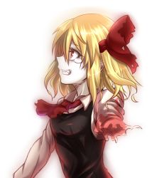 Rule 34 | 1girl, amputee, ascot, bad id, bad nicoseiga id, blonde hair, blood, blood on clothes, bow, breasts, collared shirt, colored skin, commentary request, enperuto (yarumi), from side, hair between eyes, hair bow, injury, looking to the side, profile, red bow, red eyes, rumia, shirt, simple background, sleeveless, small breasts, solo, tears, teeth, torn clothes, torn shirt, touhou, upper body, white background, white shirt, white skin